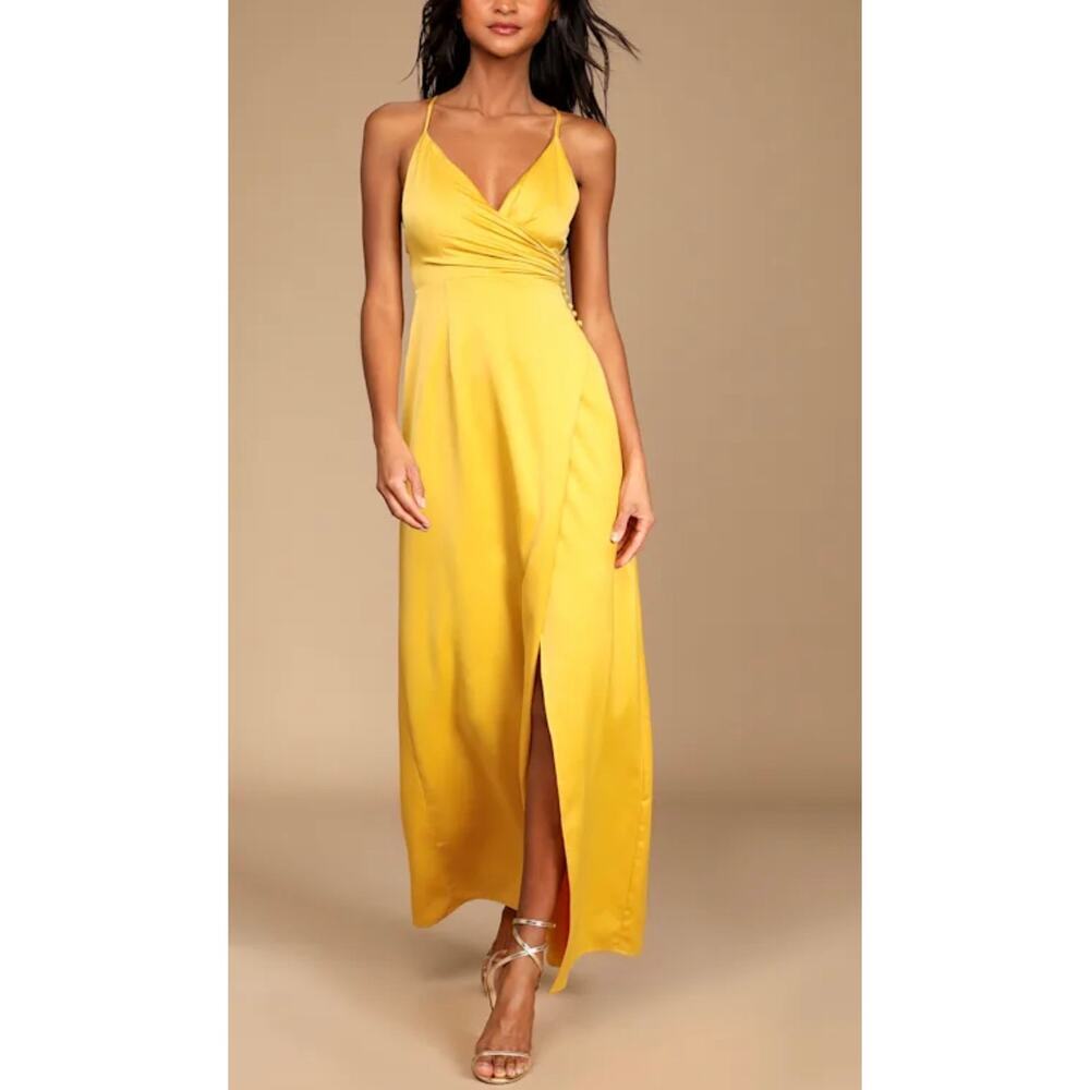 Lulus Elegance Mustard Yellow Satin Surplice Maxi Dress Formal Gown Small Gala